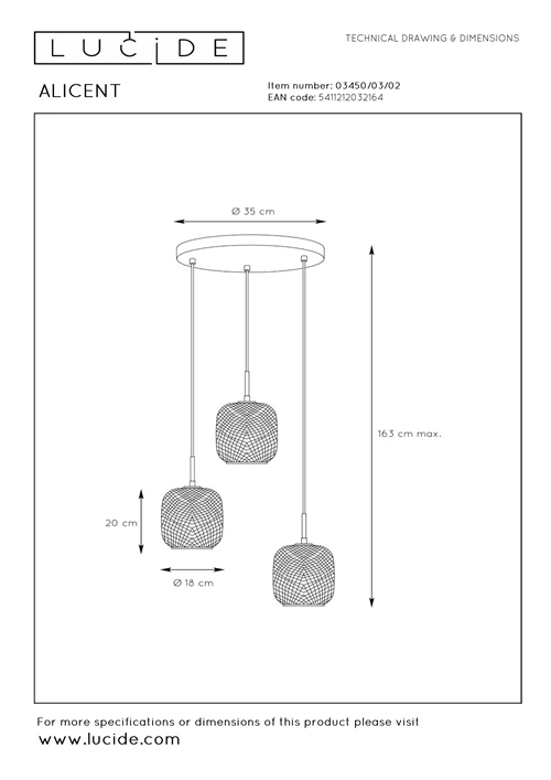 Lucide ALICENT - Suspension - Ø 35 cm - 3xE27 - Or Mat / Laiton - technique